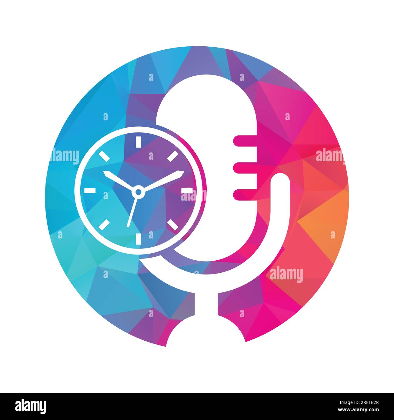 Design-Vorlage für Podcast Time Vector Logo. Logo-Symbol für MIC Clock Vector. Stock Vektor