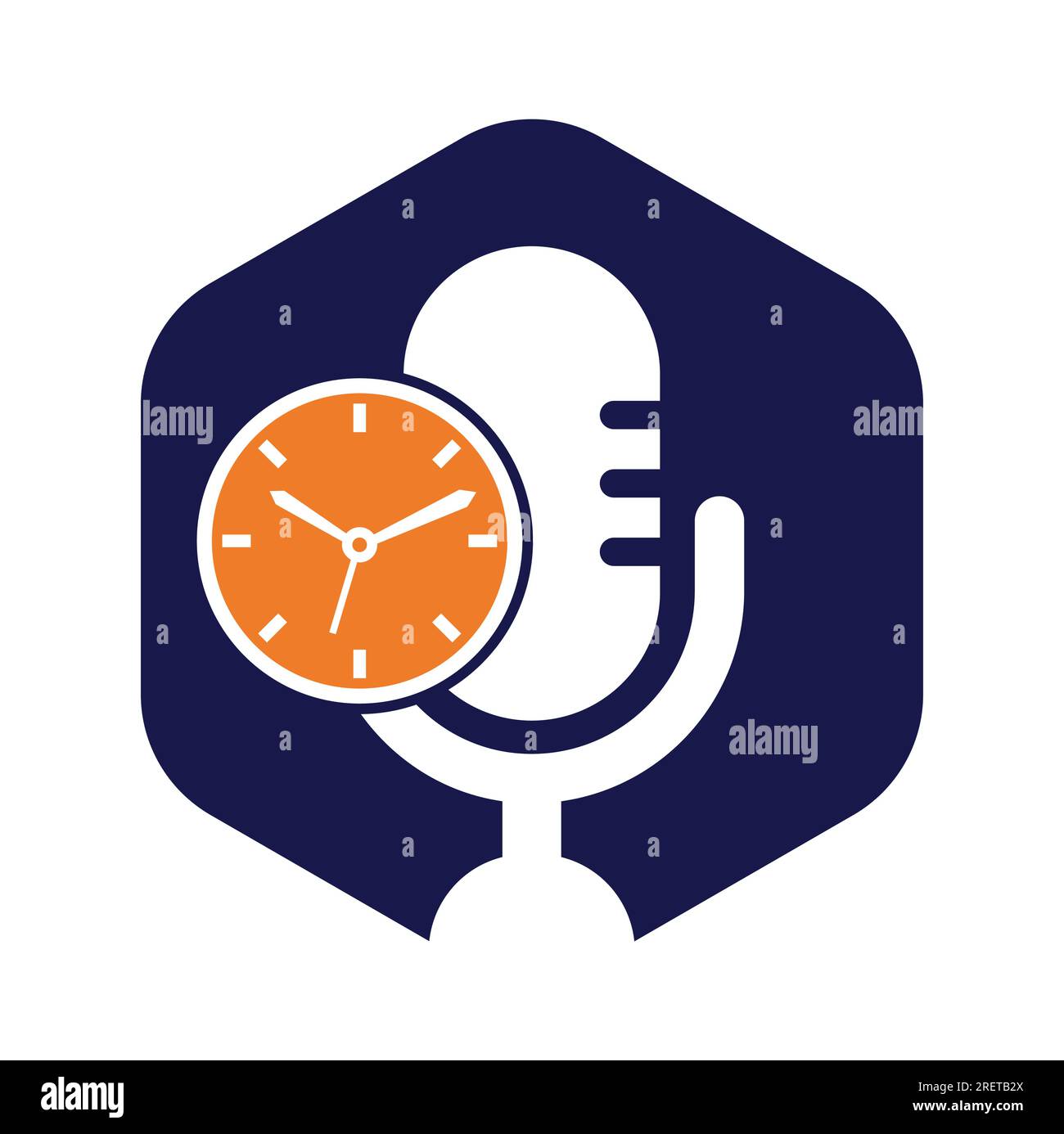 Design-Vorlage für Podcast Time Vector Logo. Logo-Symbol für MIC Clock Vector. Stock Vektor