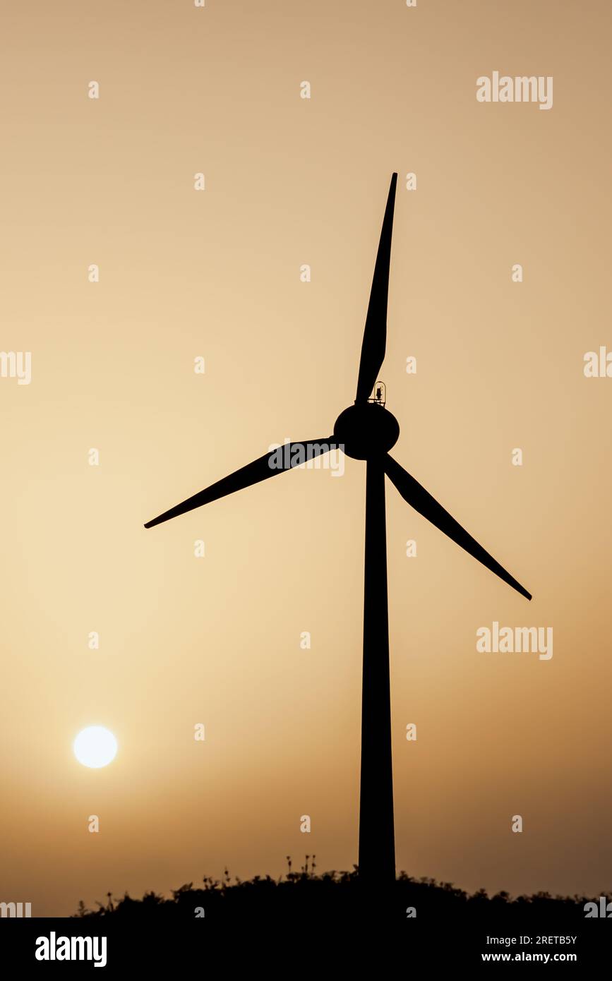 Silhouette eines Windenergiegenerators bei Sonnenuntergang Stockfoto