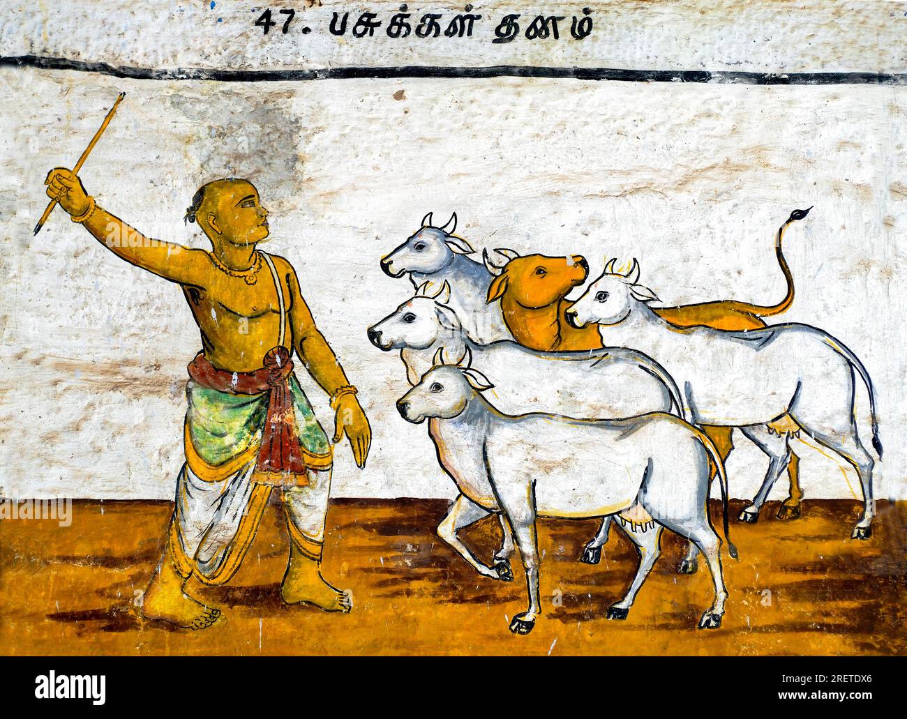 Ramayana: Epische Wandgemälde im Ramasamy Vishnu-Tempel in Kumbakonam, Tamil Nadu, Indien, Asien. Kuh Stockfoto