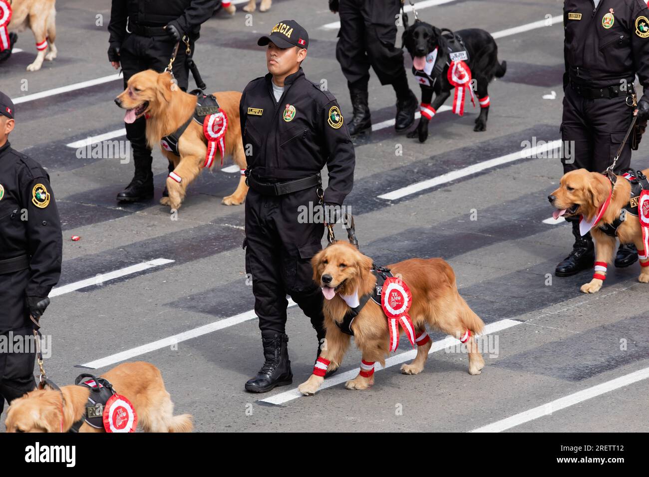 Lima, Peru. 29. Juli 2023. Polizisten und Polizeihunde nehmen am 29. Juli 2023 in Lima, Peru, an einer Parade zum 202. Jahrestag der Unabhängigkeit Perus Teil. Kredit: Mariana Bazo/Xinhua/Alamy Live News Stockfoto