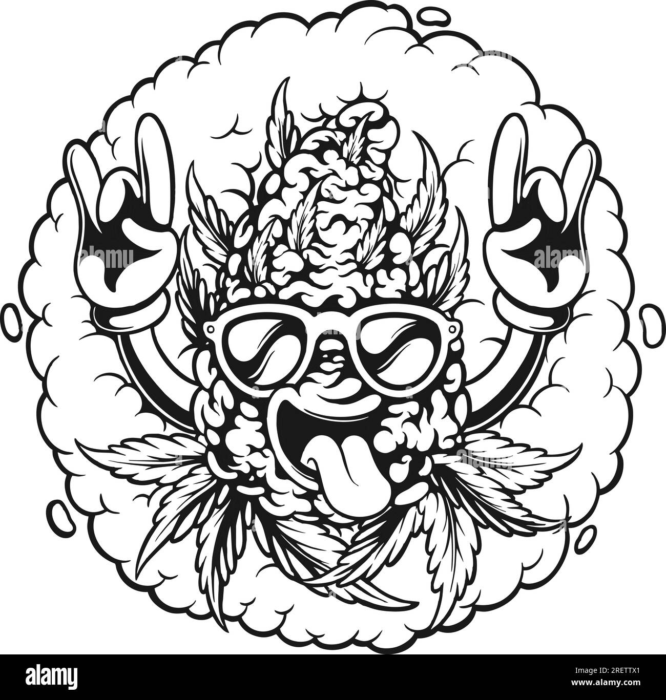 Biologisch flippiges Unkrautknospenblatt mit rauchem Cannabishintergrund Schwarzweiß-Vektorabbildungen für Ihr Arbeitslogo, Merchandise-T-Shirt, Aufkleber und Etikett Stock Vektor