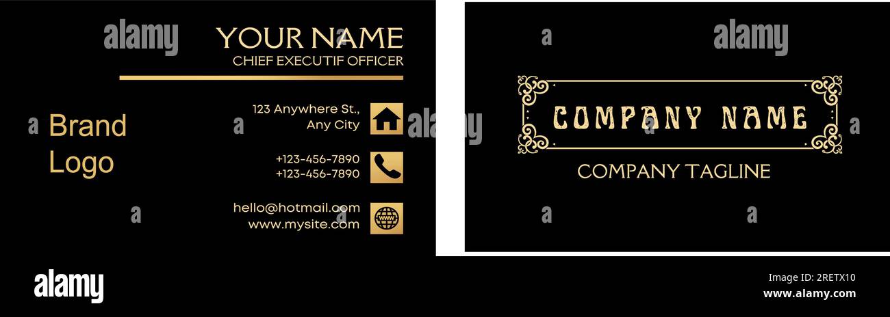 Eine schwarz-goldene Visitenkartenvorlage mit minimalistischem und elegantem Design. Die Karte hat ein goldenes geometrisches Muster auf schwarzem Hintergrund Stock Vektor