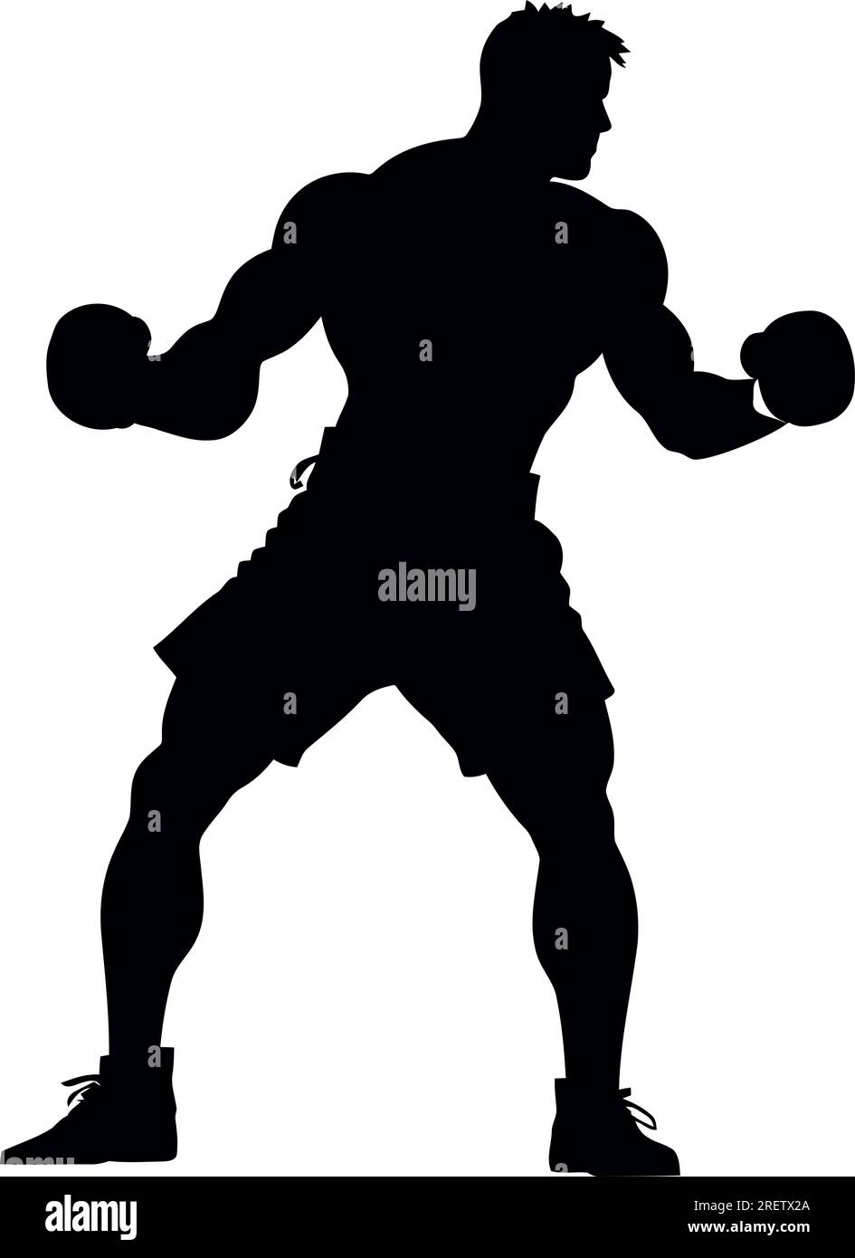 Die Silhouette zeigt einen Boxer mit Handschuhen, Shorts und Schuhen, der einen Schlag schlägt. Die Silhouette verwendet eine durchgehende schwarze Farbe und einen weißen Hintergrund Stock Vektor