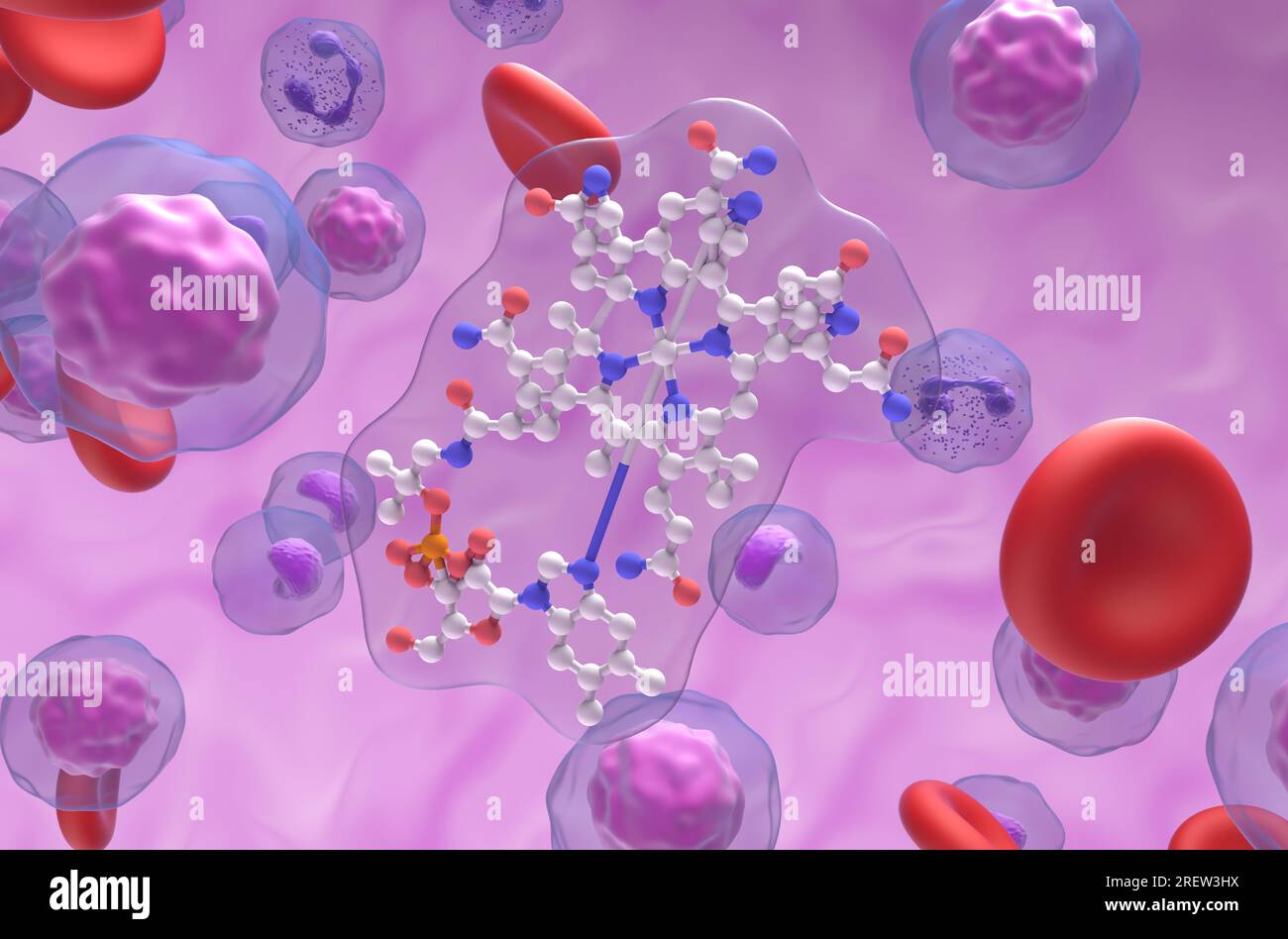 B12-Vitamin-(Cobalamin-)Struktur in der Blutflusskugel und Stäbchen-Nahaufnahme 3D-Darstellung Stockfoto