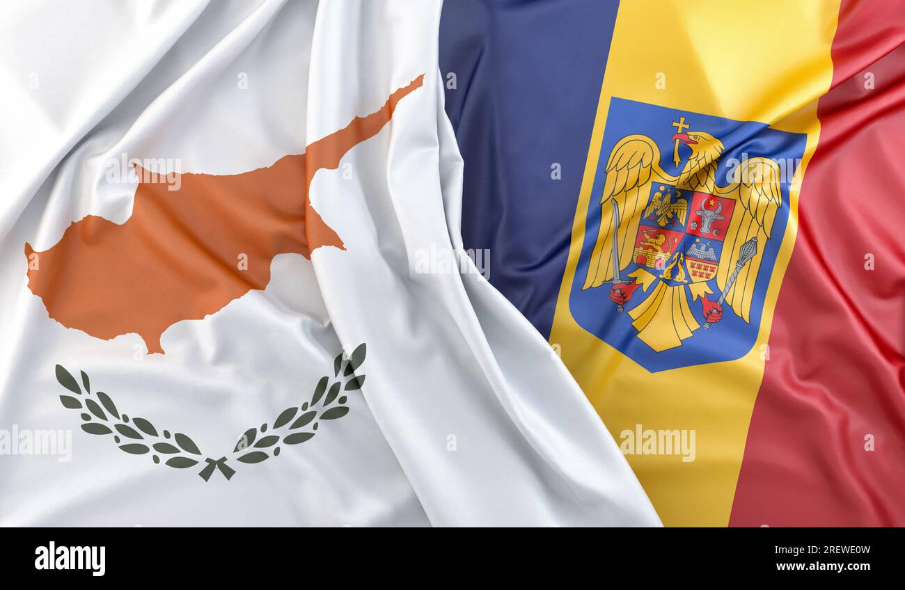 Geraffte Flaggen Zyperns und Rumäniens (mit Wappen). 3D-Rendering Stockfoto