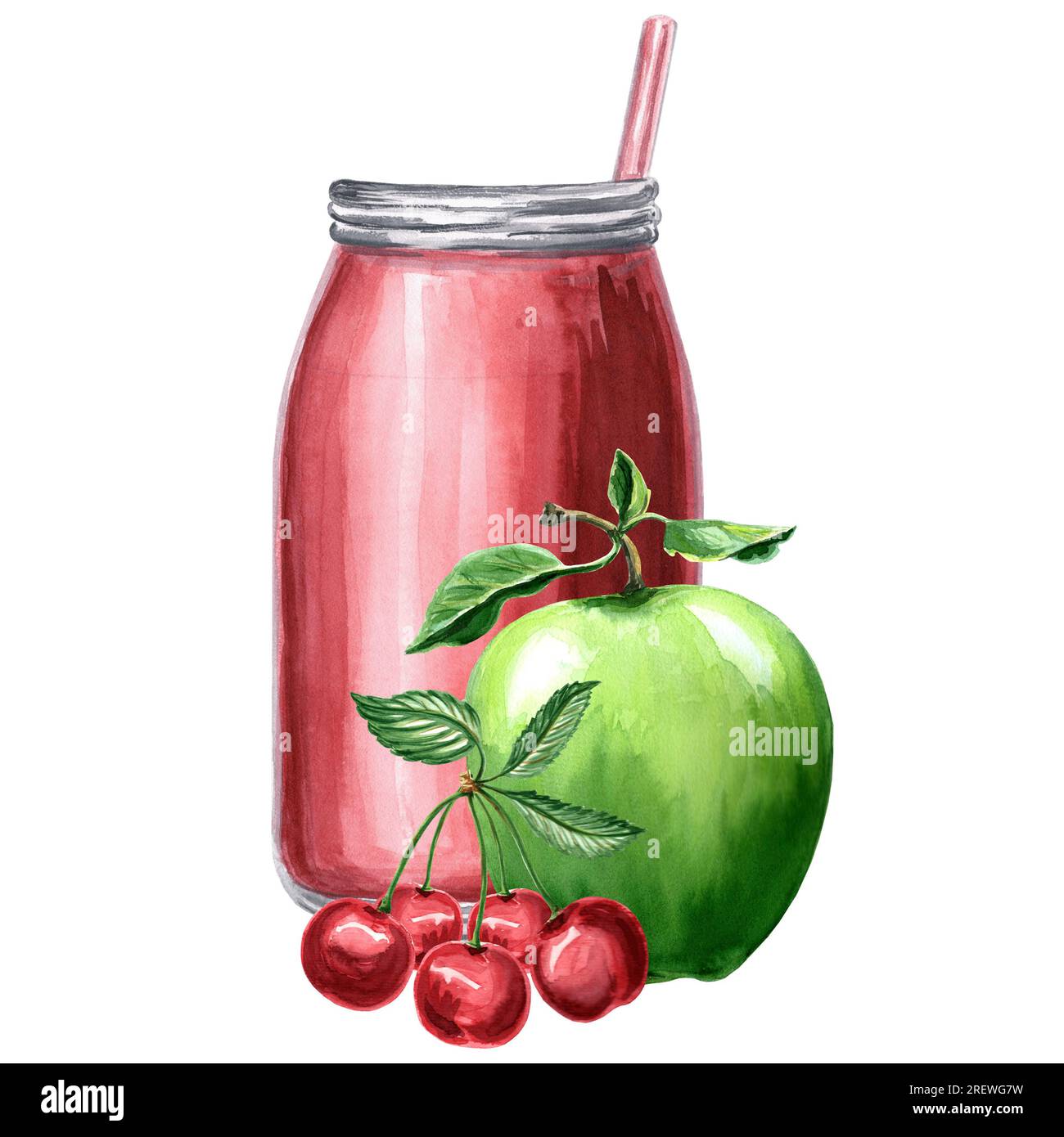 Aquarelle Darstellung einer Flasche mit rotem Saft, Kirsche und Apfel. Handgezeichnete Aquarell-JPEG-Grafik für Design, Stoffe, Geschenkpapier, Tapete Stockfoto