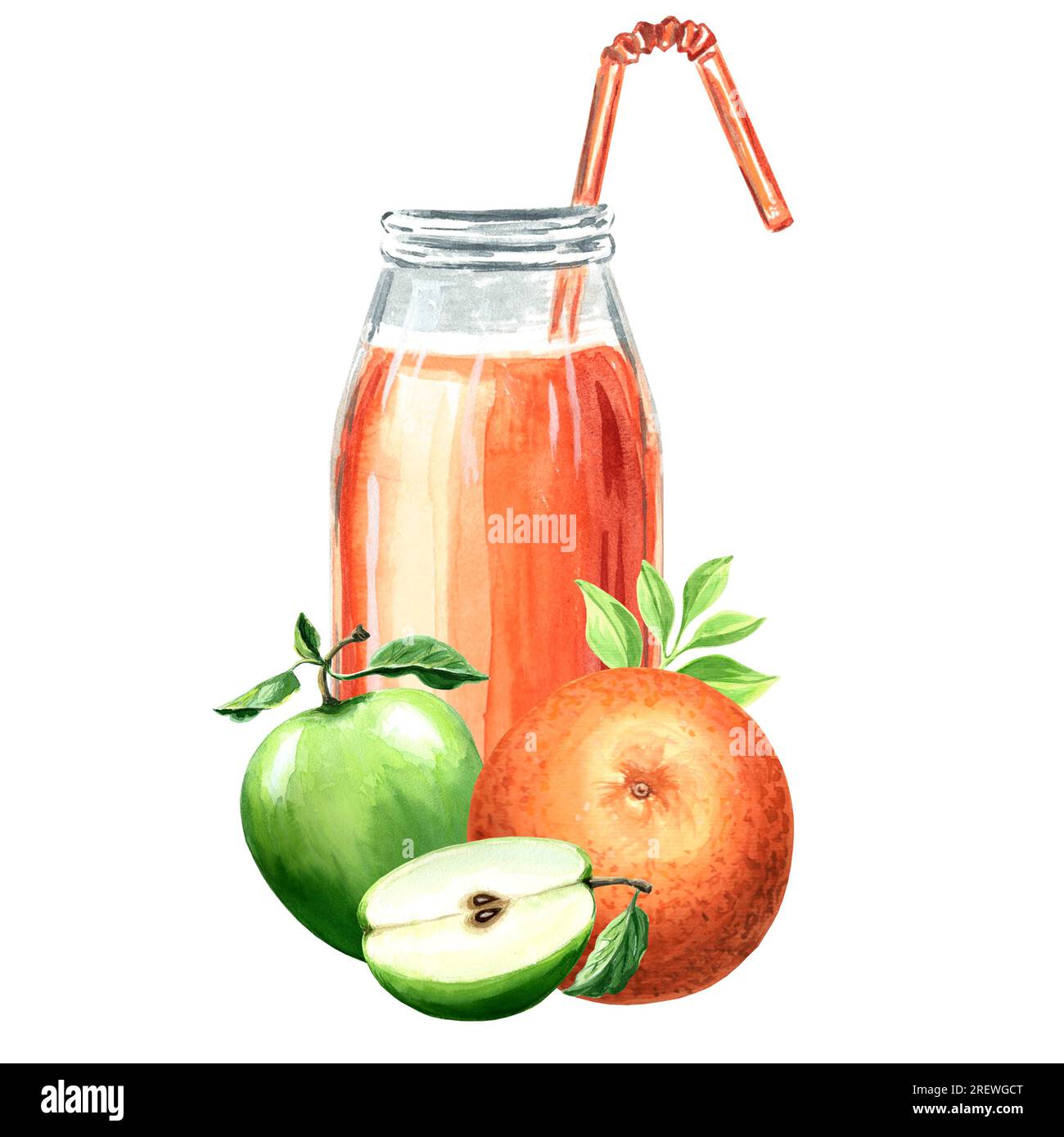 Aquarelle Darstellung einer orangefarbenen Flasche, einer orangefarbenen Flasche und eines Apfels. Handgezeichnete Aquarell-Grafik JPEG für Design, Stoffe, Geschenkpapier, Tapete, CO Stockfoto