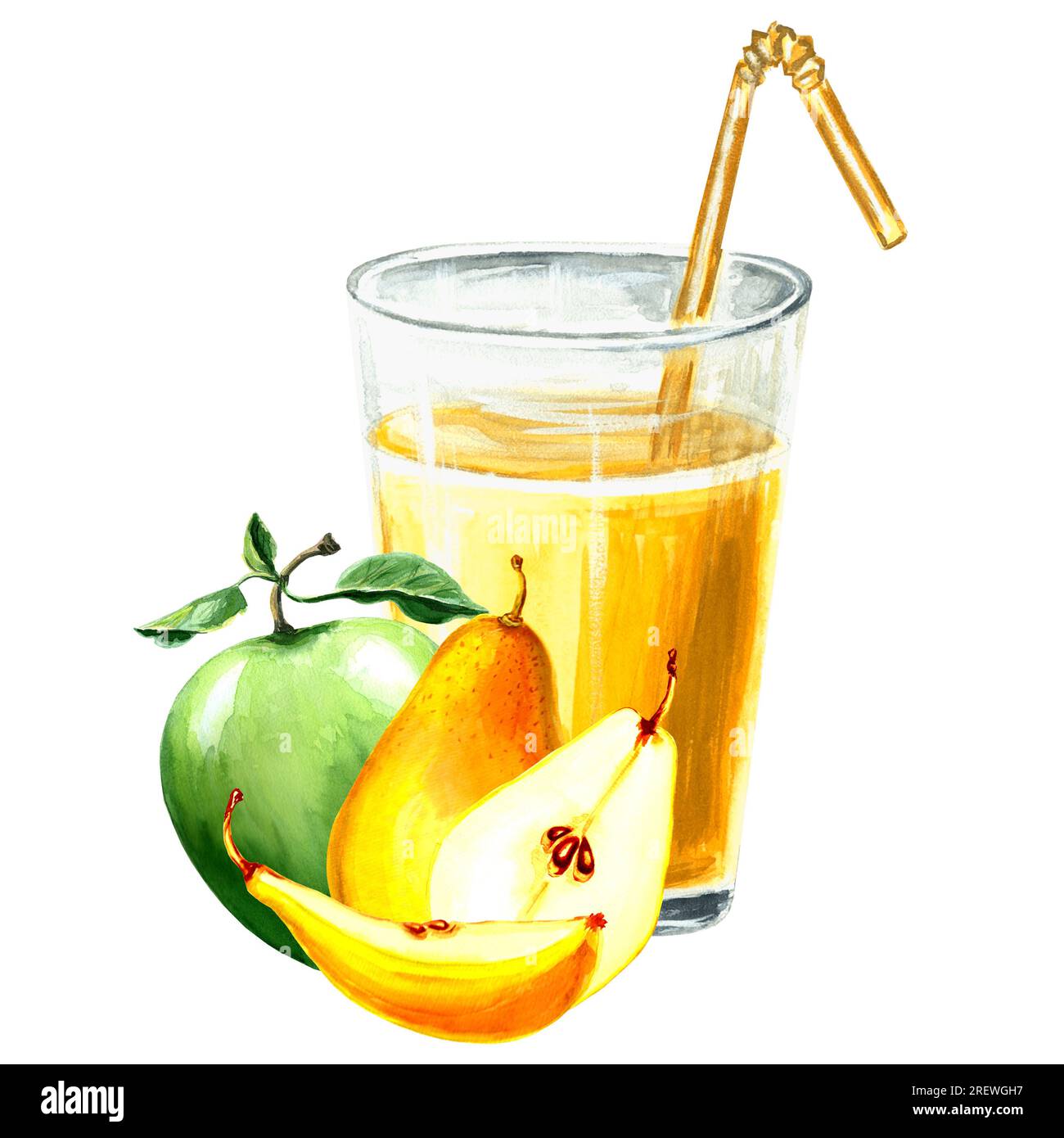 Aquarelle Darstellung von gelbem Glas mit Apfel, Kürbis und Birne. Handgezeichnete Aquarell-JPEG-Grafik für Design, Stoffe, Geschenkpapier, Wal Stockfoto