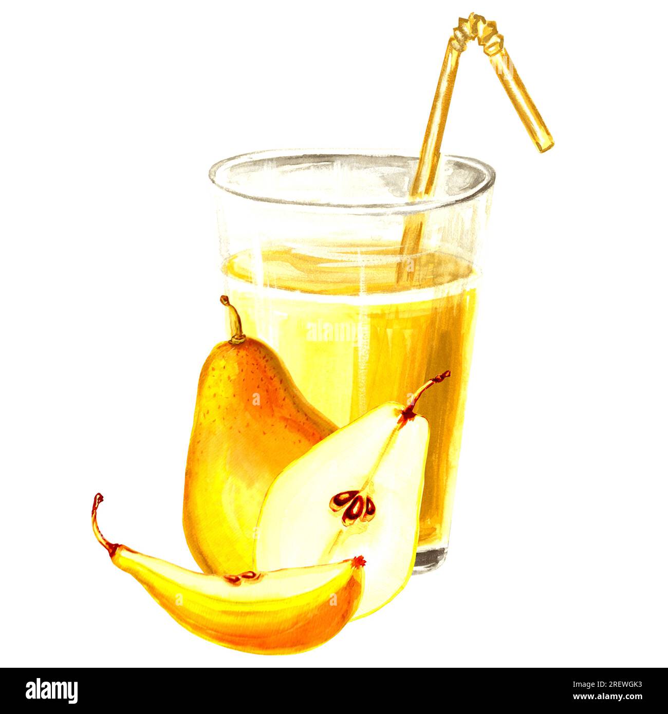Aquarelle Darstellung von gelbem Glas mit Apfel, Kürbis und Birne. Handgezeichnete Aquarell-JPEG-Grafik für Design, Stoffe, Geschenkpapier Stockfoto