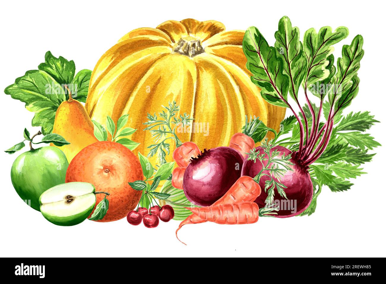 Uber die Aquarellzusammensetzung des gelben Kürbiss mit Obst und Gemüse. Handgezeichnete Aquarell-JPEG-Grafik für Design, Stoffe, Geschenkpapier, Tapa Stockfoto