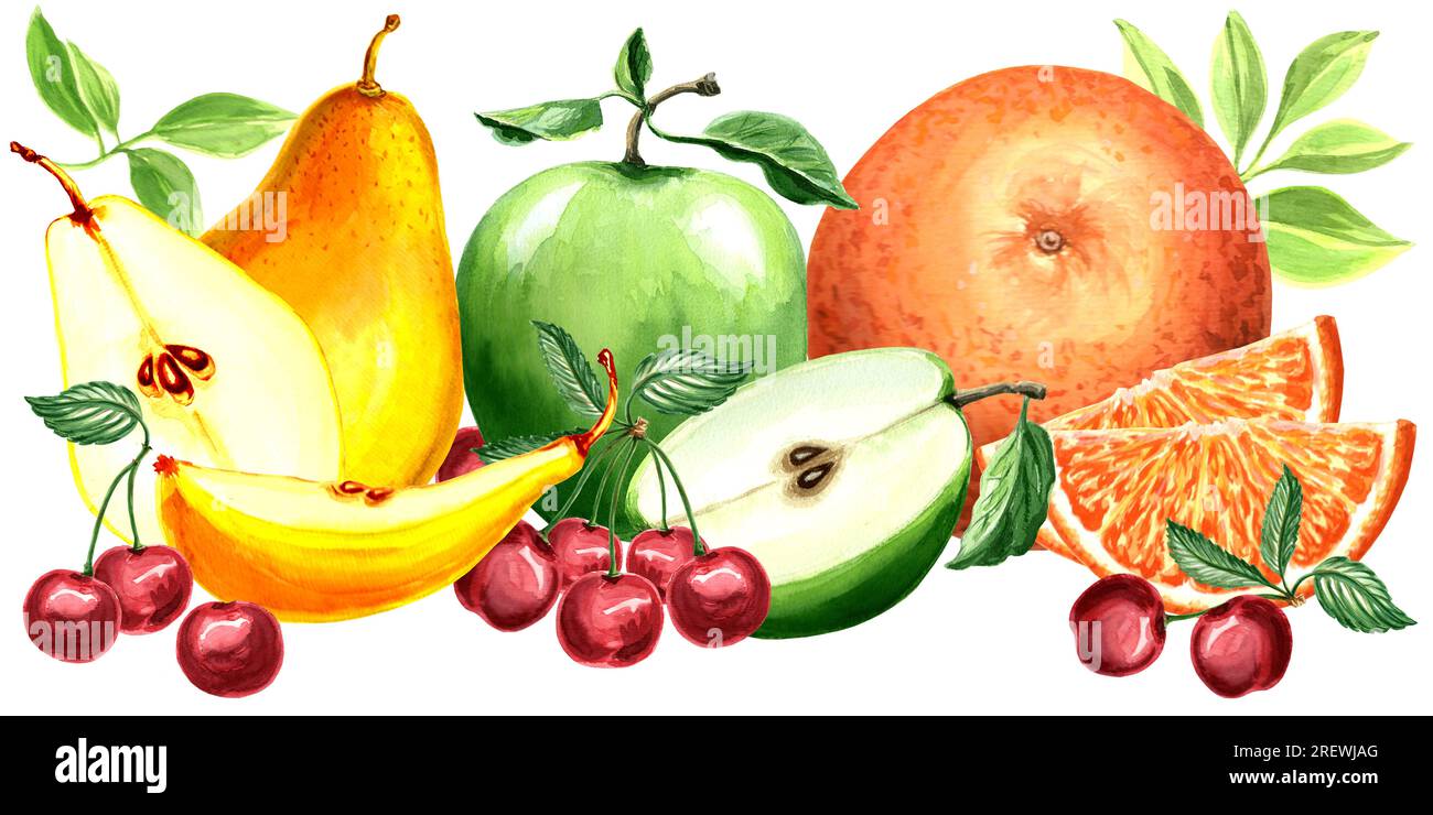 Aquarellzusammensetzung von Fruchtapfel, Birne, Orange und Kirsche. Handgezeichnete Aquarell-JPEG-Grafik für Design, Stoffe, Geschenkpapier, Tapeten Stockfoto