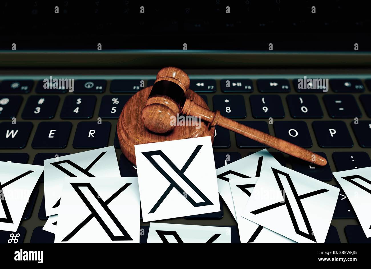 X App-Logo vor blauem Twitter-Vogelsymbol-Hintergrund. X ist der neue Name und das neue Logo der sozialen Medien. - Türkiye, Istanbul - 2023. August 3D Stockfoto