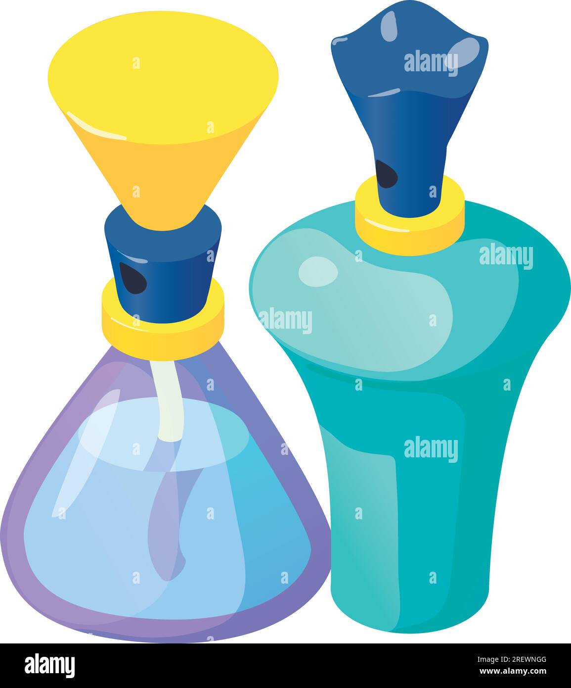 Isometrischer Vektor des Parfümflaschen-Symbols. Bunte Glasflasche mit zwei verschiedenen Parfümflaschen. Parfümerie, kosmetisch Stock Vektor