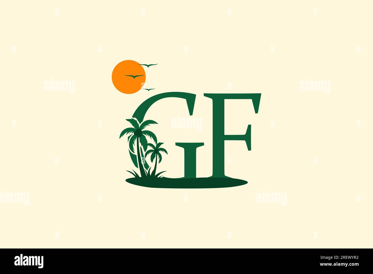 GF-Motiv mit Palmenmotiv und Sonnenlogo Stock Vektor