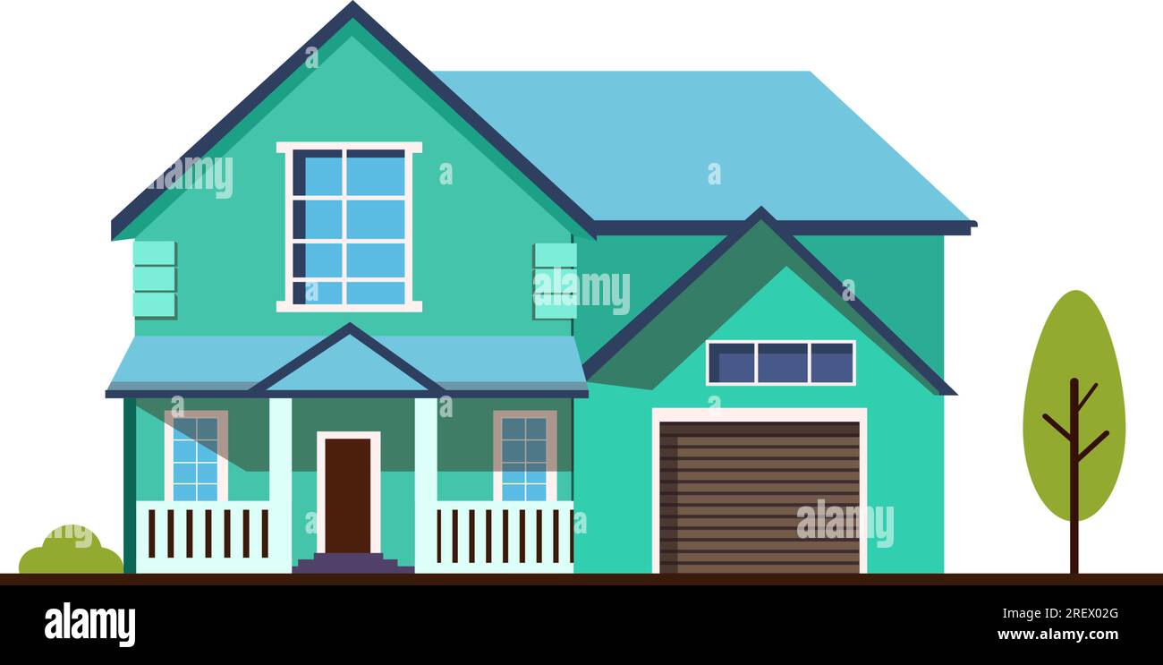 Grünes Haus mit Garage und Veranda-Vektor-Illustration Stock Vektor