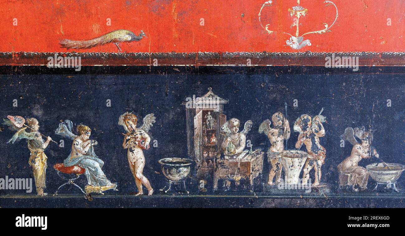 Ausgrabungsstätte Pompeji, Kampanien, Italien. Cupids und Psyche bereiten Parfüm zu. Haus der Vettii. Casa dei Vettii. Pompeji, Herculaneum und Stockfoto