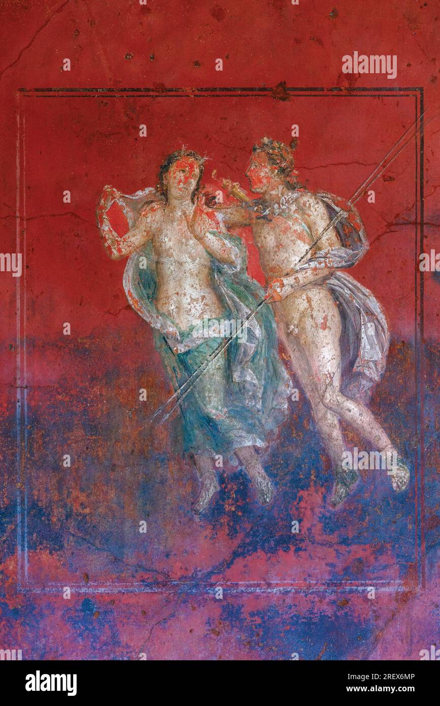 Ausgrabungsstätte Pompeji, Kampanien, Italien. Fresko männlicher und weiblicher mythologischer Figuren. Haus der Vettii. Casa dei Vettii. Pompeji, Sie Stockfoto