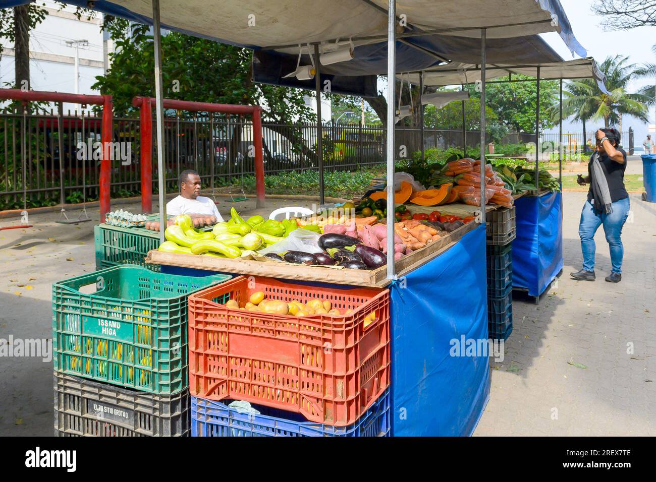 Niteroi, Brasilien, Ein brasilianischer Mann aus ethnischer Herkunft sitzt in einem Kiosk und verkauft Obst und Gemüse. Der Hersteller stellt eine Vielzahl frischer Speisen aus. Stockfoto