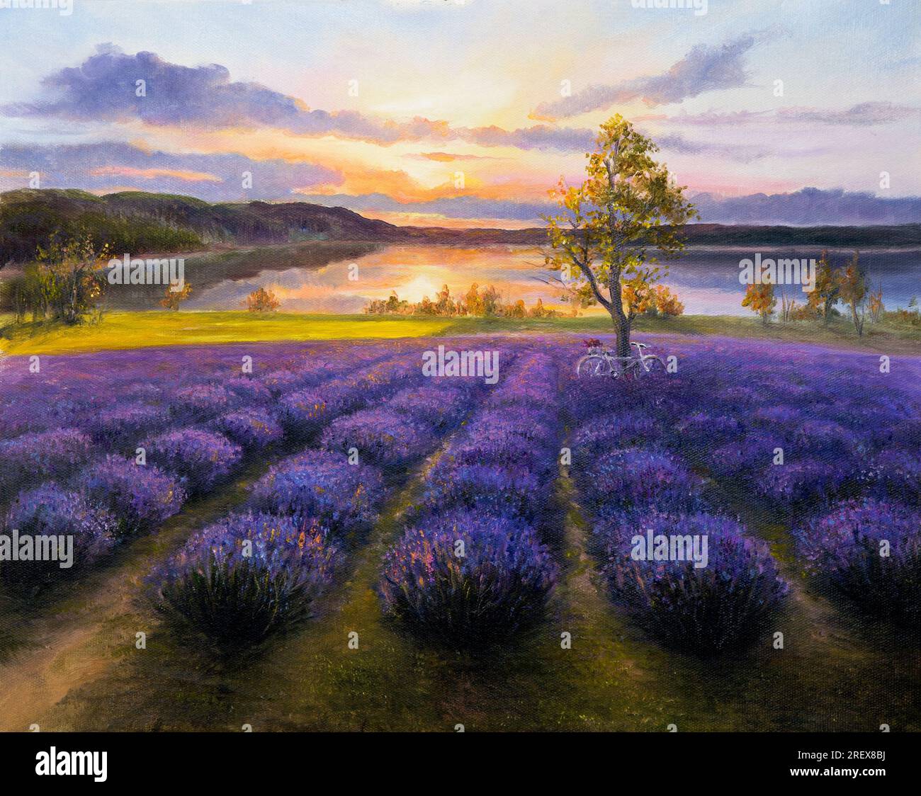 Original-Ölgemälde von Lavendelfeldern auf Leinwand. Moderner Impressionismus Stockfoto