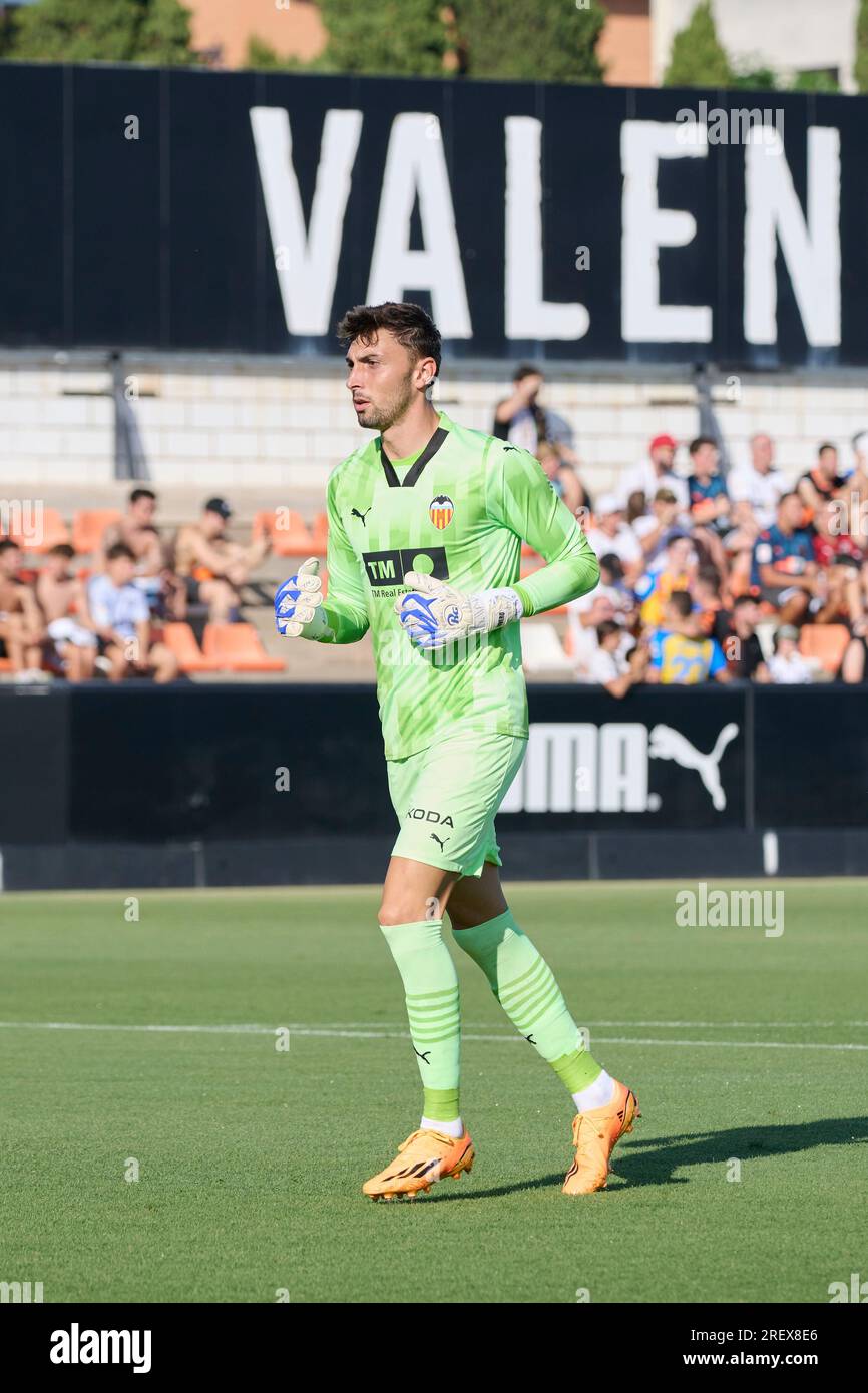 Valencia, Spanien. 29. Juli 2023. Cristian Rivero Torwart von Valencia CF während der regulären Saisonvorbereitung von La Liga Santander zwischen Valencia CF und Deportivo Alaves im Antonio Puchades Stadion. Endstand: Valencia CF 2:0 Deportivo Alaves. Kredit: SOPA Images Limited/Alamy Live News Stockfoto