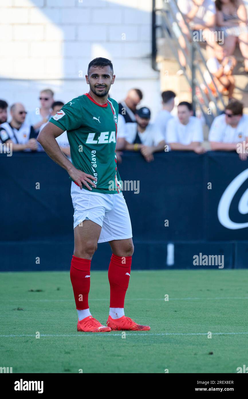 Valencia, Spanien. 29. Juli 2023. Nikola Maras von Deportivo Alaves schaut während der regulären Saisonvorbereitung La Liga Santander zwischen Valencia CF und Deportivo Alaves im Antonio Puchades Stadion. Endstand: Valencia CF 2:0 Deportivo Alaves. (Foto: German Vidal/SOPA Images/Sipa USA) Guthaben: SIPA USA/Alamy Live News Stockfoto