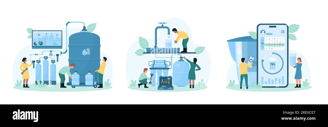 Darstellung des Vektors für das Wasseraufbereitungsset. Cartoon Tiny People reparieren Wasseraufbereitungsanlagen, testen die Qualität der Umkehrosmose-Filtration, installieren und überprüfen riesige Filter durch Ingenieure Stock Vektor