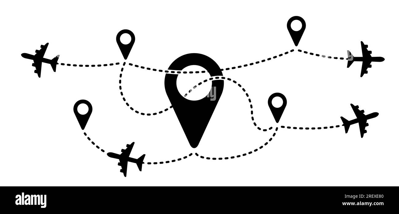 Fliegender Flugzeuglinienweg. Flugzeug starten, Flugroute mit Startpunkt. Vektorflugzeug-Zeichen. Positionszeiger. Ortung, Urlaub, Urlaub. T Stockfoto