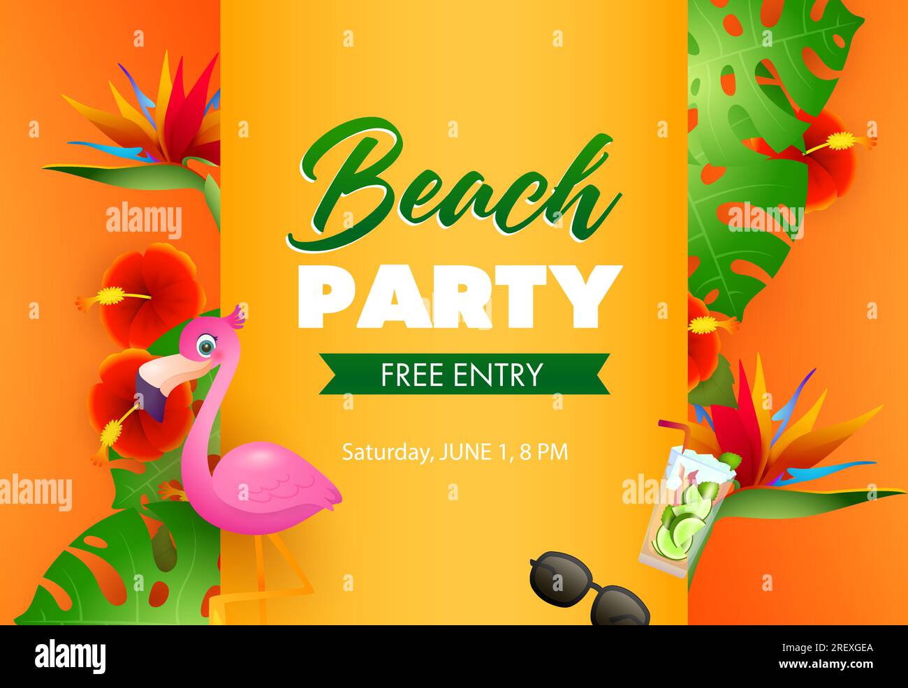 Posterdesign für Strandpartys. Rosa Flamingo Stock Vektor