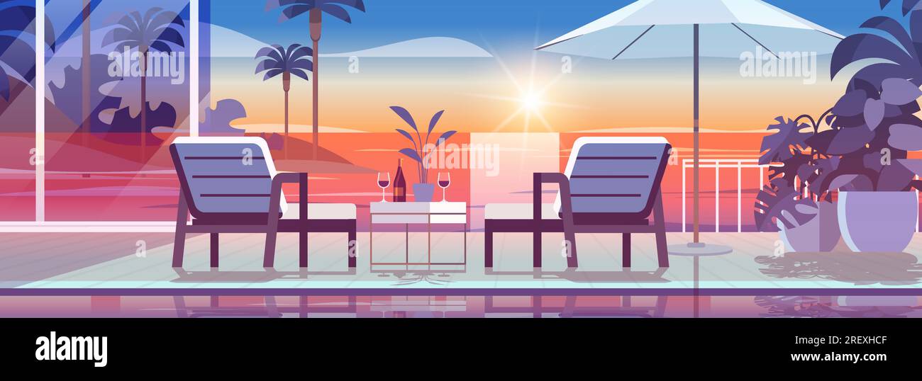 Tropisches Luxus-Resort-Hotel, Strandpool und Sitzbereich am Pool, Sommerurlaubskonzept Stock Vektor