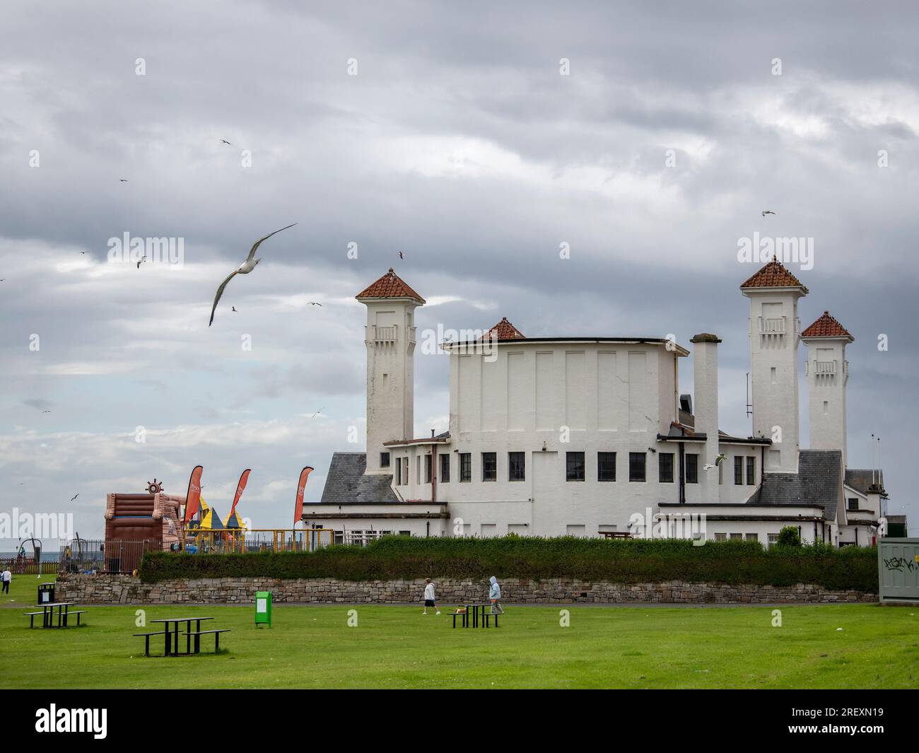 Ayr, Schottland, Großbritannien. 29. Juli 2023: Seemöwen, die um den Ayr Pavillon auf der Suche nach Nahrung fliegen. Stockfoto