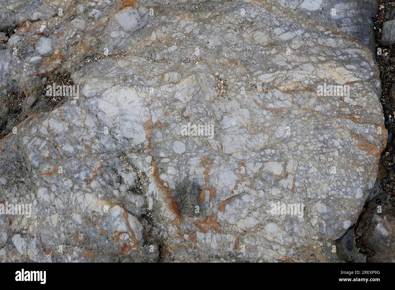 Die Störungsbeckenbildung ist eine Störungsbeckenbildung, die für die Schleifwirkung von zwei Reibblöcken gebildet wird. Dieses Foto wurde in Cape Creus, Girona, Katalonien, Spanien aufgenommen. Stockfoto