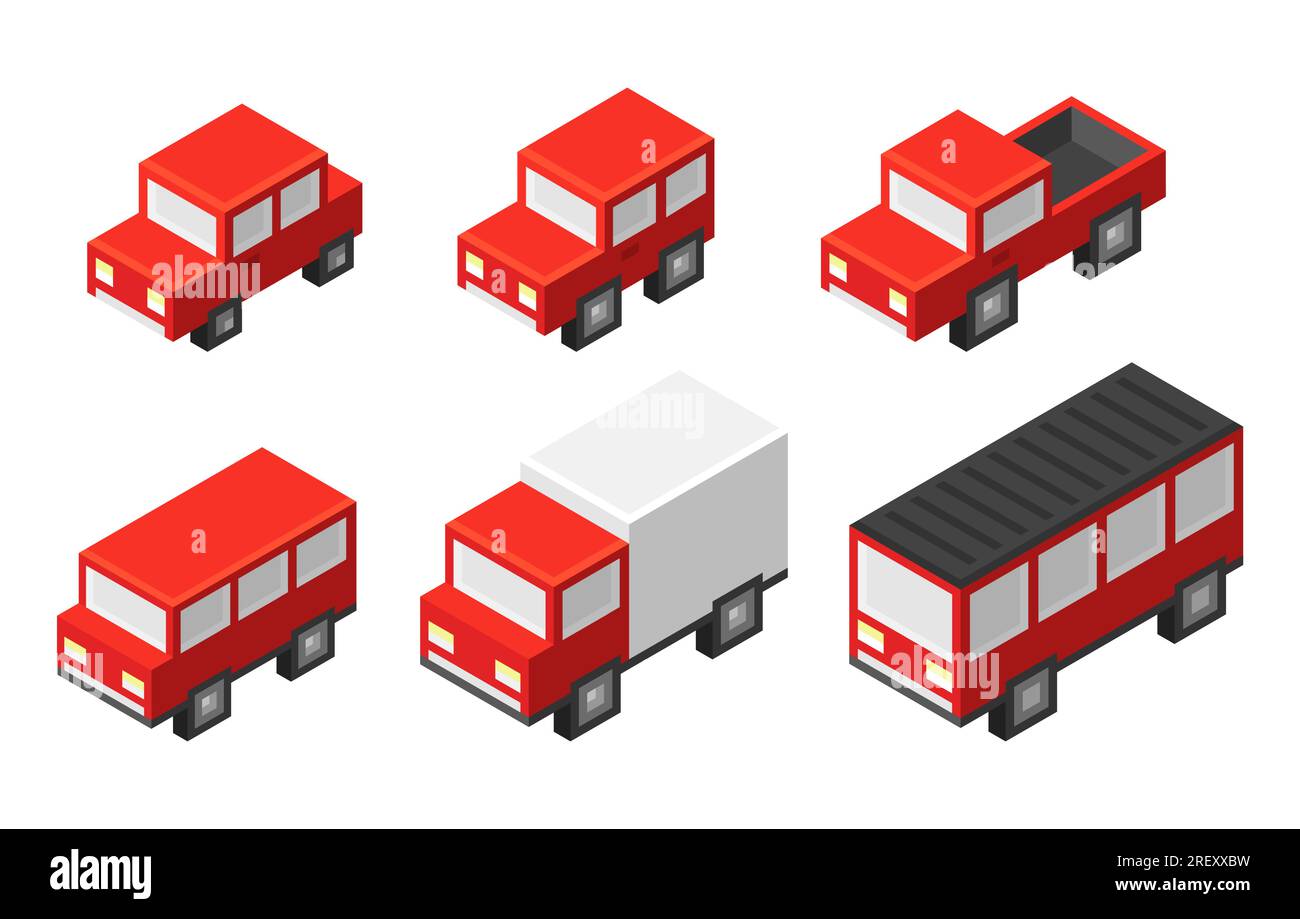 Set mit niedlichen 3D-mm-Cartoon-Fahrzeugen, verschiedene Transportarten und Formen. Limousine, Truck, Van, Bus. Einfaches kubisches Design, Vektordarstellung. Stock Vektor