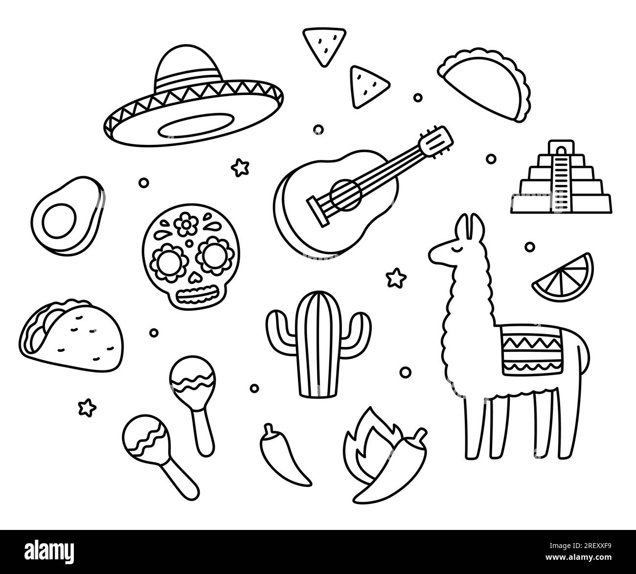 Handgezeichnetes mexikanisches Spielset. Mexikanische Kultursymbole im einfachen, süßen Cartoon-Stil. Darstellung der Vektorlinien. Stock Vektor