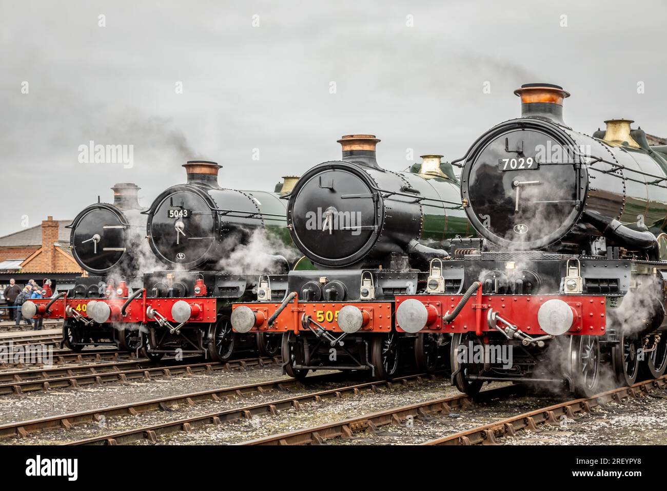 GWR 'Castle' 4-6-0 Nr. 4079 'Pendennis Castle', Nr. 5043 'Earl of Mount Edgcumbe', Nr. 5051 'Drysllwyn Castle' und Nr. 7029 'Clun Castle', Didcot Rail Stockfoto