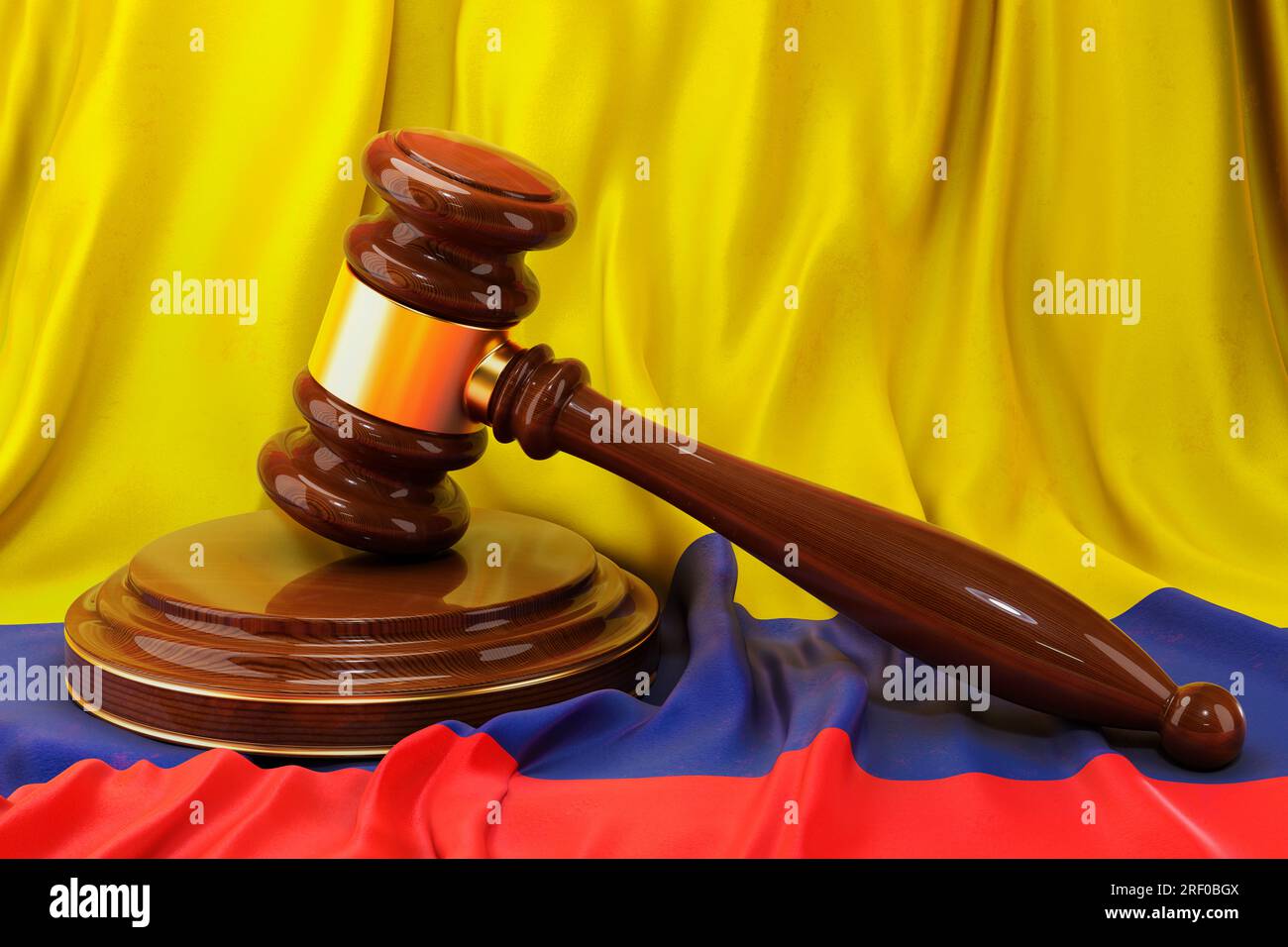 Kolumbianisches Recht- und Justizkonzept. Holzhammer auf kolumbianischer Flagge, 3D-Darstellung Stockfoto