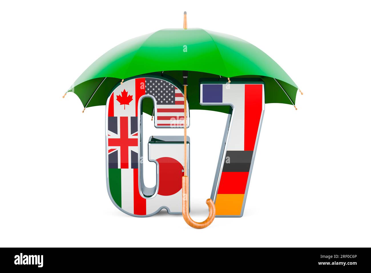 G7 unter dem Schirm, 3D-Rendering auf weißem Hintergrund isoliert Stockfoto