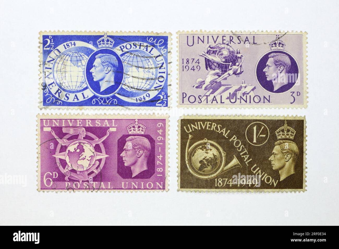 George VI. Stempelt Ausgabe von 1949 zum Gedenken an den 75. Jahrestag der Postunion. Britisches Briefmarkensammler-Hobby Stockfoto