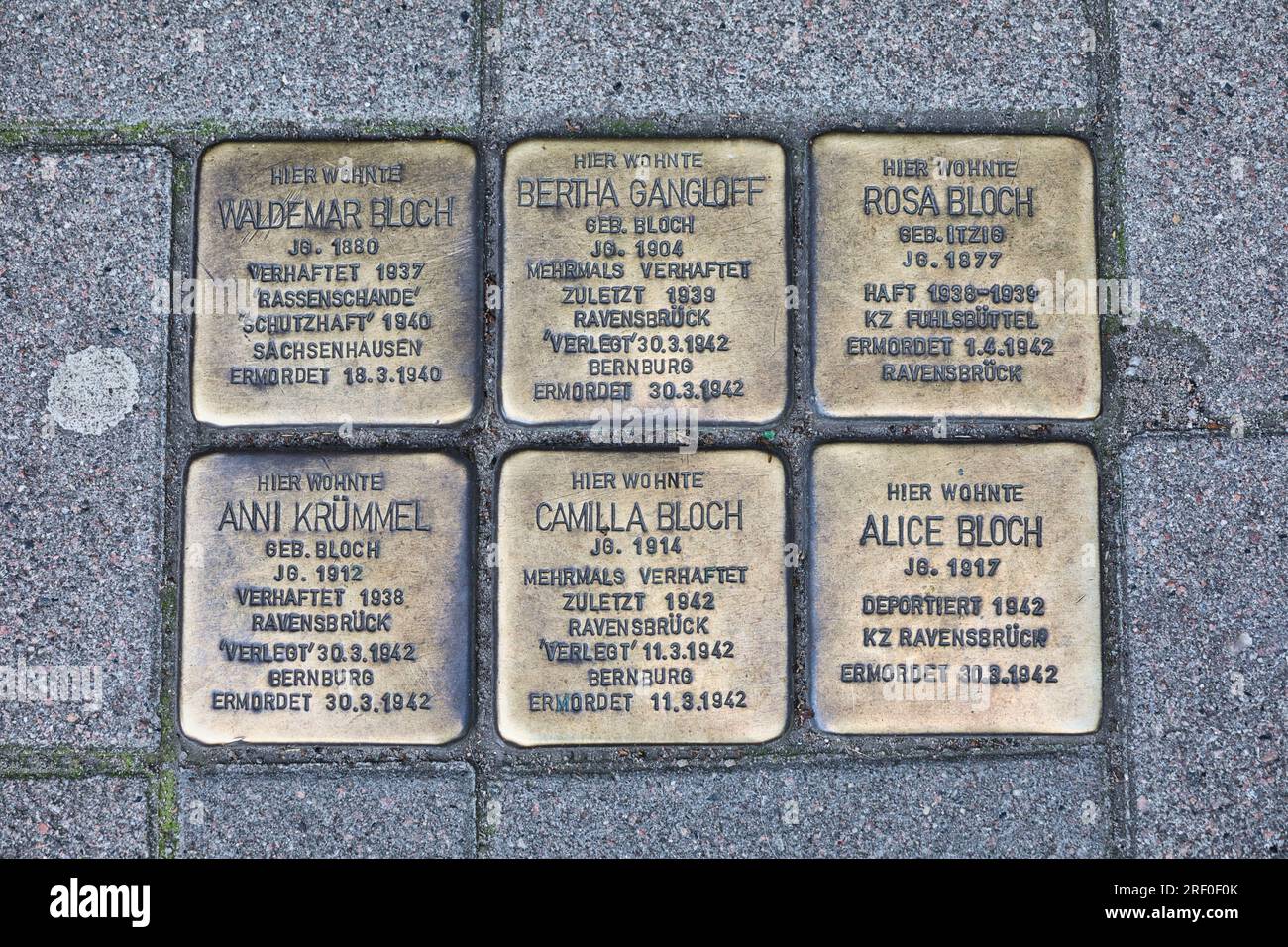 Hamburg, Deutschland. Messingplaketten (stolperstein) an jüdische Familien, die in den Konzentrationslagern Sachsenhausen, Bernburg und Ravensbruck deportiert und ermordet wurden Stockfoto