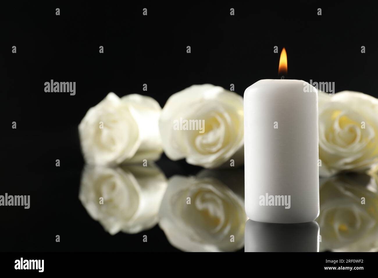 Weiße Rosen und brennende Kerze auf schwarzer Spiegeloberfläche in der Dunkelheit, Nahaufnahme mit Platz für Text. Begräbnissymbole Stockfoto