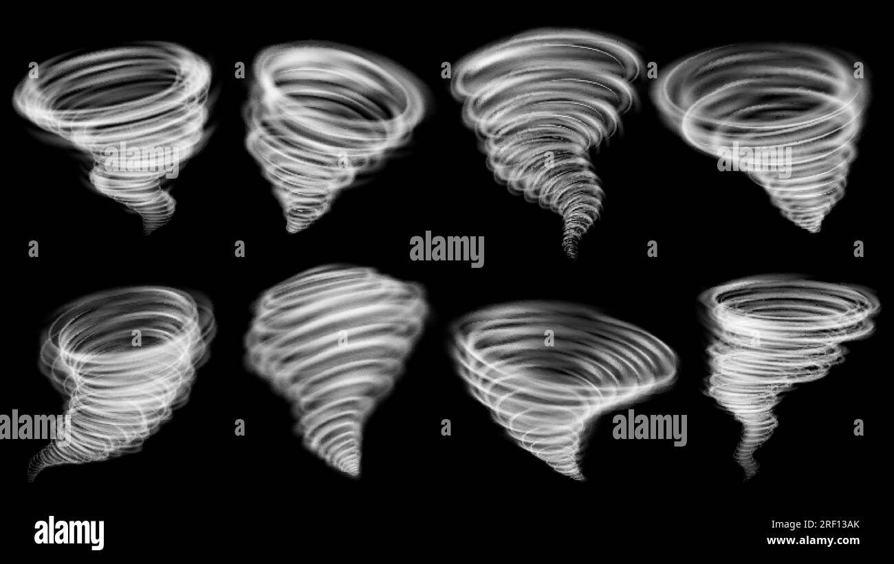 Realistische Tornado-, Hurrikanluft- oder Tornados-Elemente. Naturgefährdendes Wetter, Wirbelsturmeffekte. Wassertyphoon-Vektordesign Stock Vektor