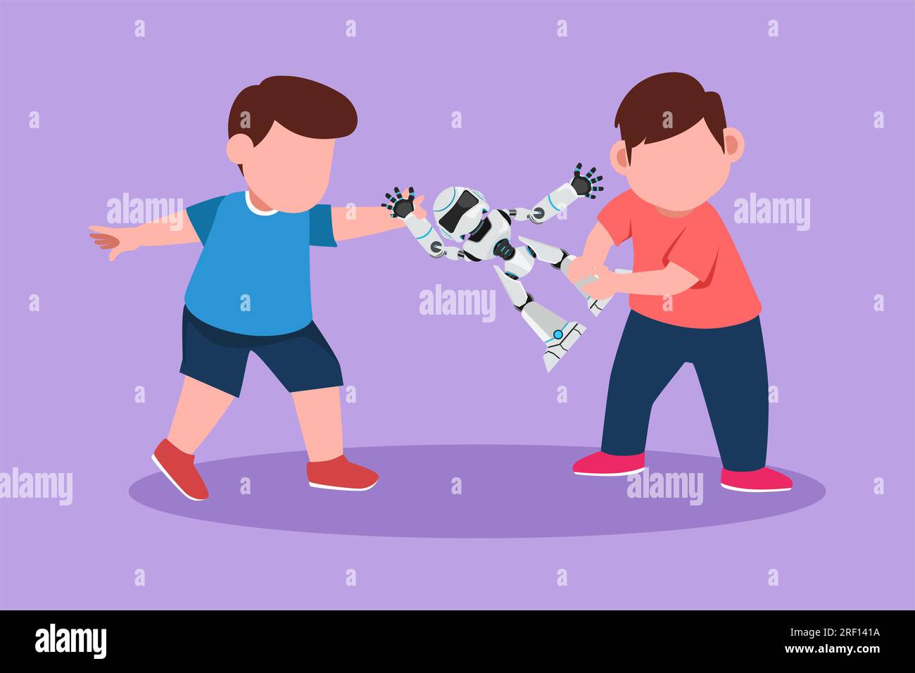 Eine Figur, die zwei kleine Jungen um ein Roboterspielzeug kämpft. Konflikt zwischen Kindern auf dem Spielplatz. Wütende Kinder, die sich im Spielzimmer streiten Stockfoto