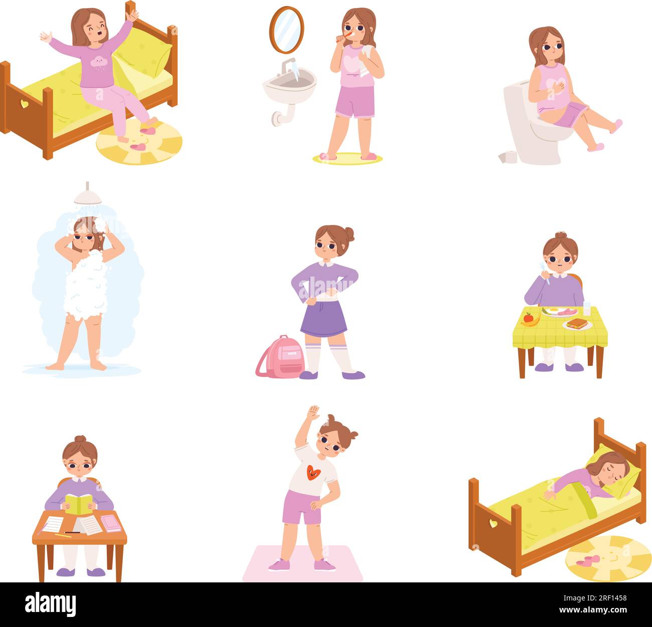 Aktive Mädchen-Routine. Tagesplan und Aktivitäten für Kinder, morgens und abends. Tägliche Hygienegewohnheiten, Vorschulkinder kuschelig verkleiden Stock Vektor