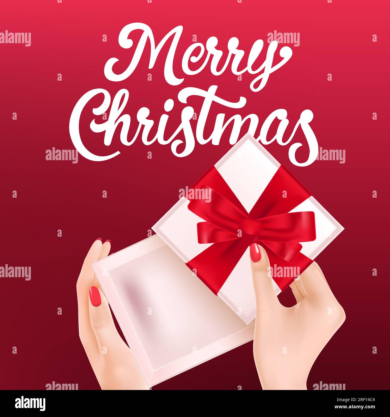 Weihnachtliches Flyer-Design. Frauenhände öffnen das Geschenk Stock Vektor