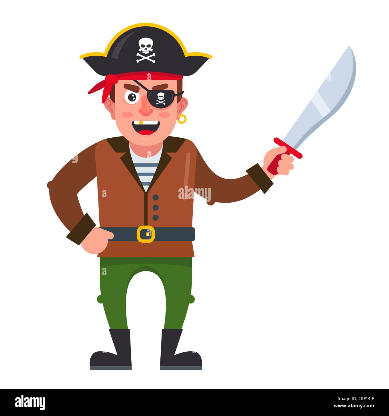Ein junger Pirat mit einem Säbel. Charakter in vollem Wachstum. Abbildung eines flachen Vektors. Stock Vektor