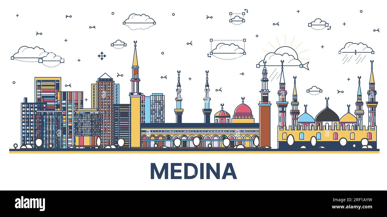 Umreißen Sie die Skyline der Medina Saudi-Arabien City mit farbigen modernen und historischen Gebäuden, isoliert auf Weiß. Vektordarstellung. Medina Stadtbild. Stock Vektor