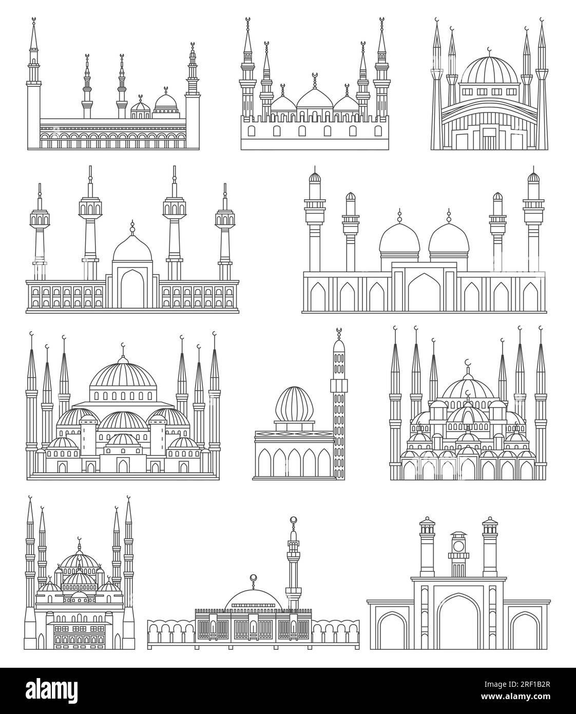 Eine Reihe islamischer Moscheen. Gebäude umreißen. Vektordarstellung. Religiöse Symbole. Stock Vektor