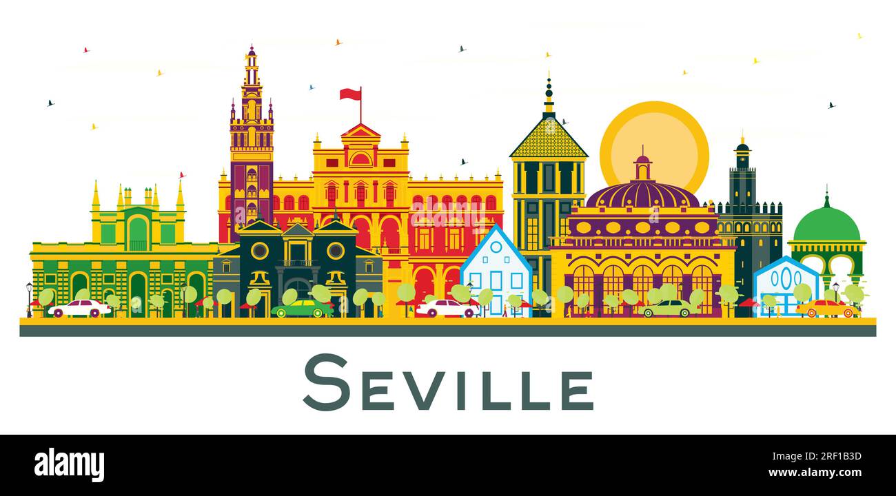 Skyline von Sevilla, Spanien, mit farbigen Gebäuden isoliert auf Weiß. Vektordarstellung. Business Travel and Tourism Concept mit historischen Gebäuden. Stock Vektor