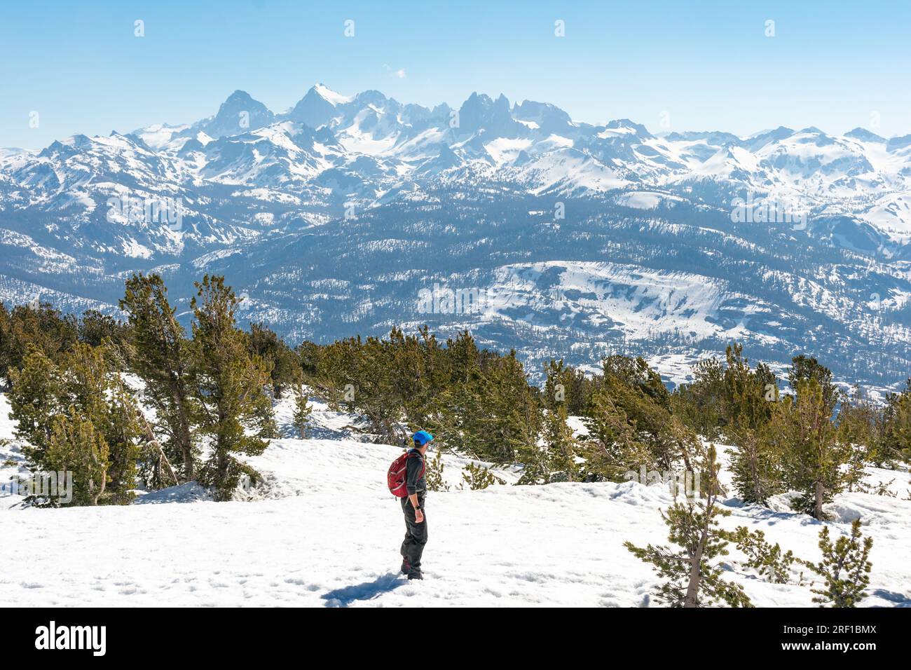 Ein einsamer Wanderer bewundert die weite Schönheit der schneebedeckten Gipfel in der Nähe der Mammoth Lakes unter einem klaren blauen Himmel. Stockfoto