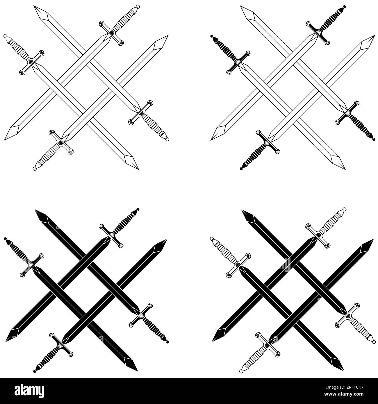 Mittelalterliches Schwertvektordesign gekreuzt, alte Schwerter gekreuzt Stock Vektor